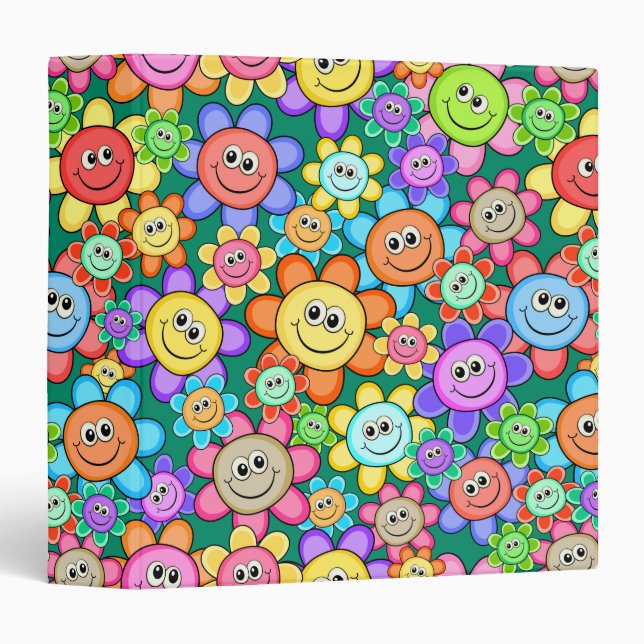 Cute Cartoon Happy Flowers Floral Pattern 3 Ring Binder (Front/Spine)