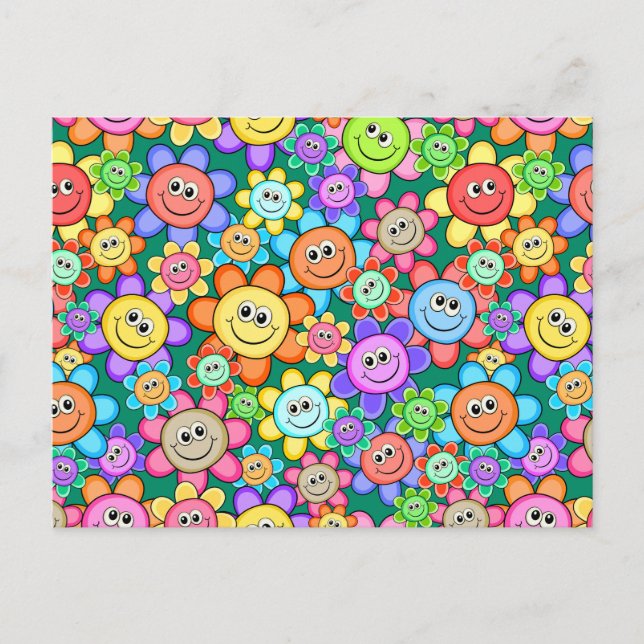 Cute Cartoon Happy Flowers Floral Pattern Postcard (Front)