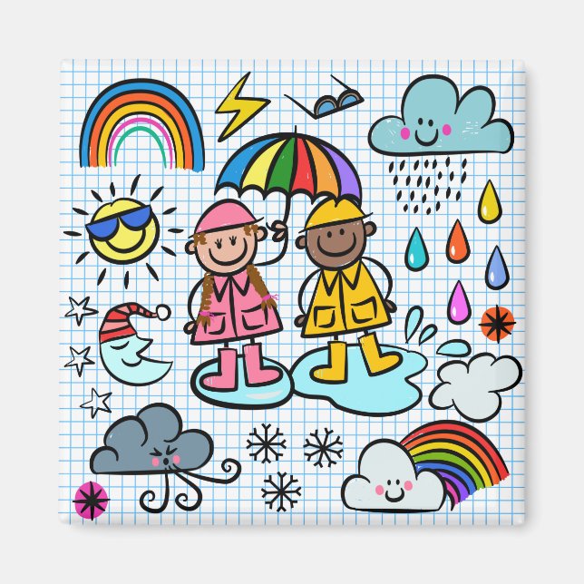 Cute Cartoon Happy Kids Weather Doodles  Magnet (Front)