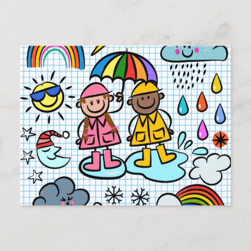 Cute Cartoon Happy Kids Weather Doodles  Postcard