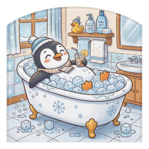 Cute Cartoon Happy Penguin Taking a Bath Door Sign
