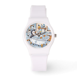 Cute Cartoon Happy Penguin Taking a Bath Watch