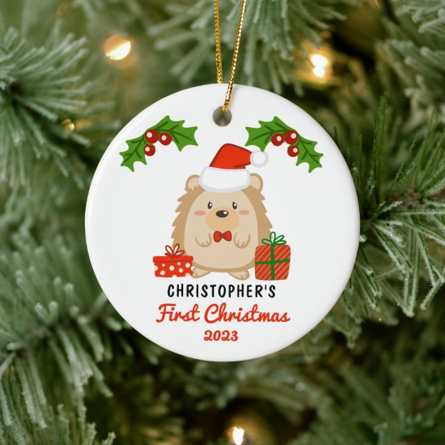 Cute Cartoon Hedgehog Baby's First Christmas Photo Ceramic Ornament (Tree)