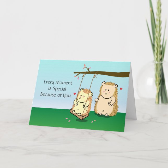 Cute Cartoon Hedgehog couple in love at tree swing Card (Front)