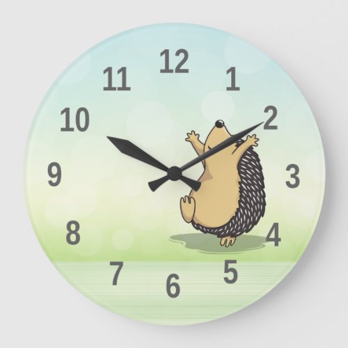 Cute Cartoon Hedgehog Green Numbers Large Clock