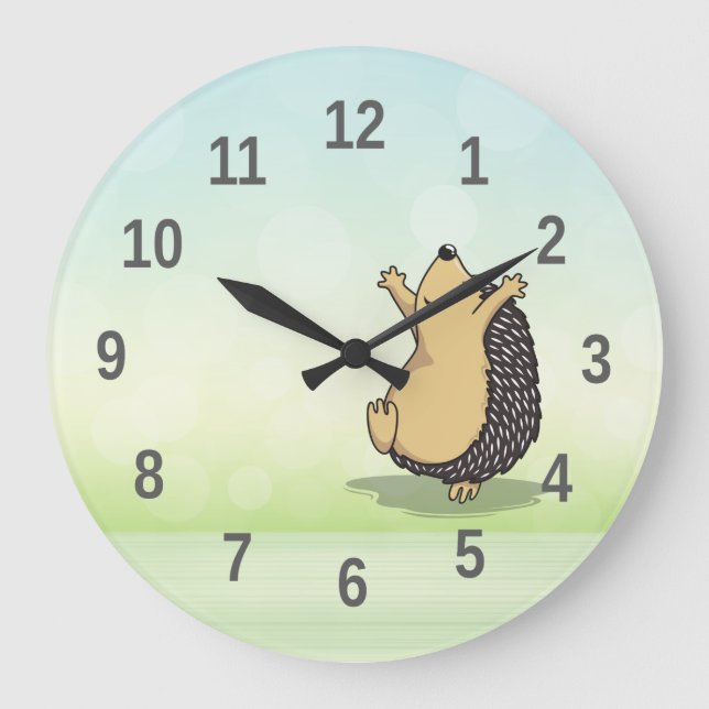 Cute Cartoon Hedgehog Green Numbers Large Clock (Front)