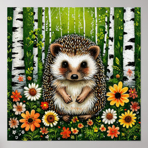Cute Cartoon Hedgehog in Birch Forest 🦔🌿🌳✨🌸 Poster