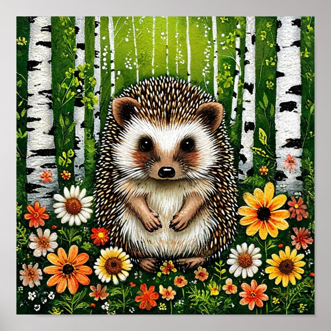 Cute Cartoon Hedgehog in Birch Forest 🦔🌿🌳✨🌸 Poster (Front)