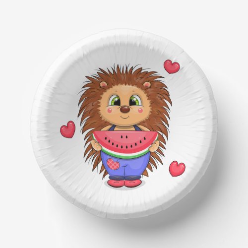 Cute cartoon hedgehog with watermelon paper bowls