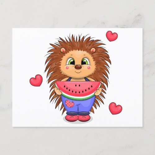 Cute cartoon hedgehog with watermelon postcard
