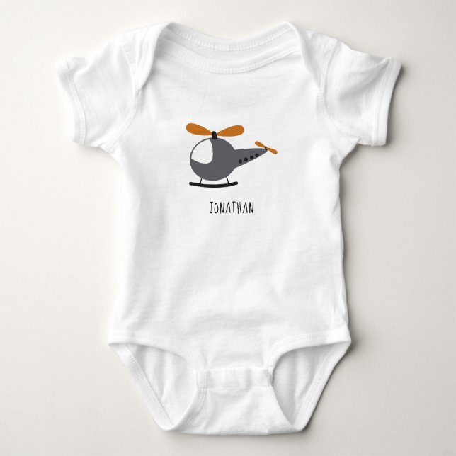 Cute Cartoon Helicopter & Kid Boy Name Aviation Baby Bodysuit (Front)