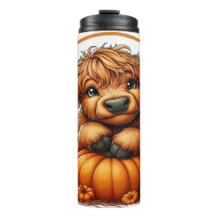 Cute Cartoon Highland Cow with Pumpkins Thermal Tumbler