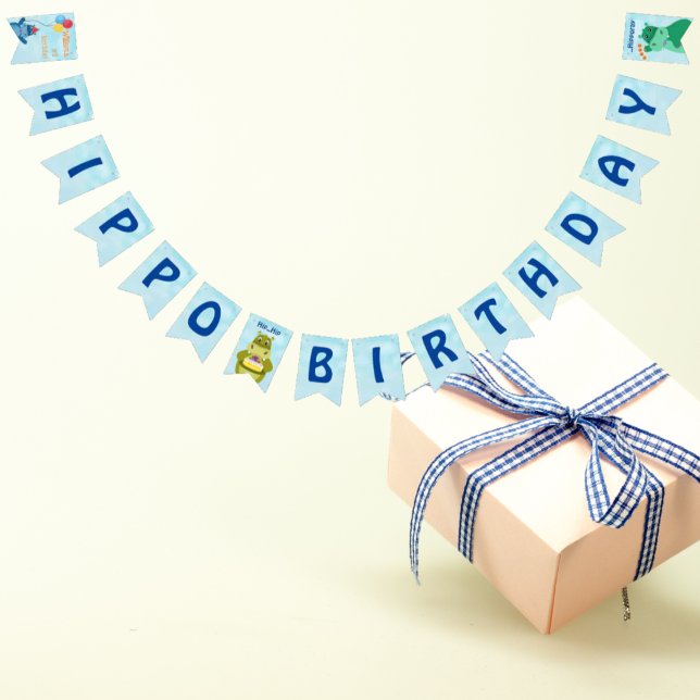 Cute Cartoon Hippo Celebrating Birthday Bunting Flags (Creator Uploaded)