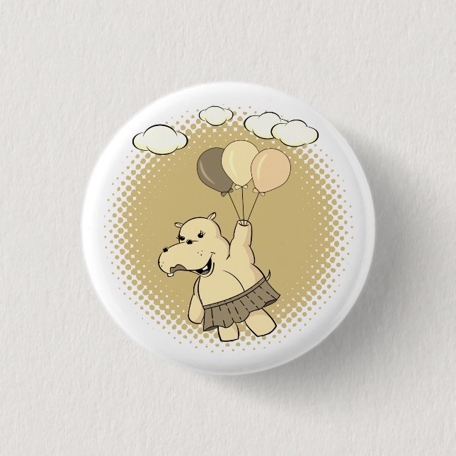 Cute Cartoon Hippo Flying With Balloons Button (Front)