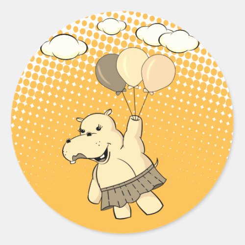 Cute Cartoon Hippo Flying With Balloons Classic Round Sticker