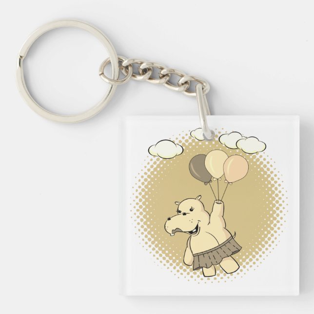 Cute Cartoon Hippo Flying With Balloons Keychain (Front)