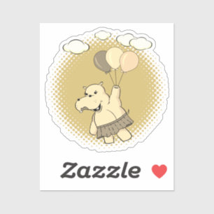 Cute Cartoon Hippo Flying With Balloons Sticker
