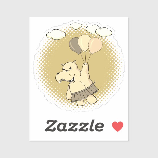 Cute Cartoon Hippo Flying With Balloons Sticker (Sheet)