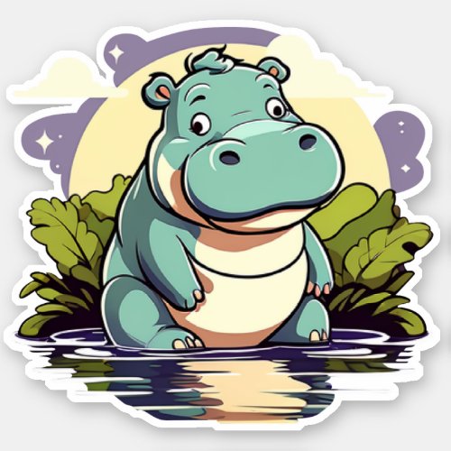 Cute Cartoon Hippo is Wallowing Sticker