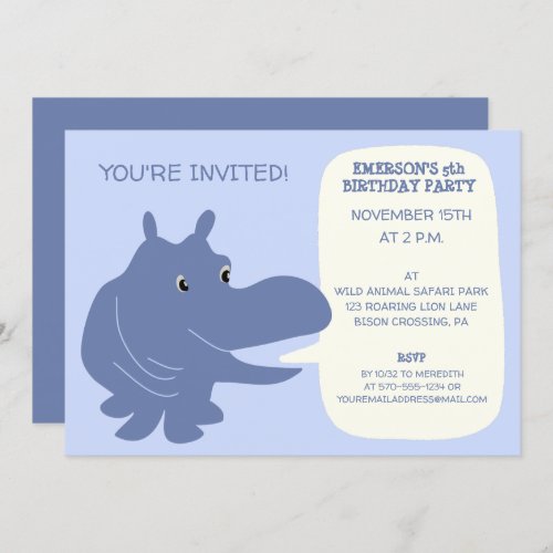 Cute Cartoon Hippo Kids Birthday Party Invitation