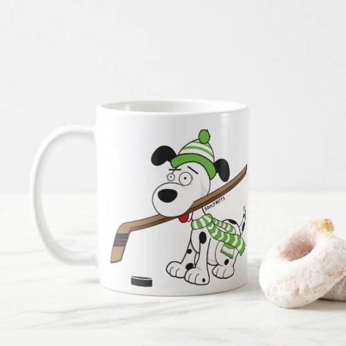 Cute Cartoon Hockey Dog Green Scarf and Hat Coffee Mug
