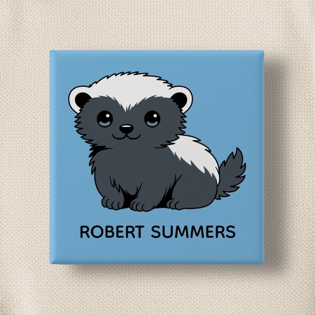 Cute Cartoon Honey Badger Custom Name Blue Button (Creator Uploaded)