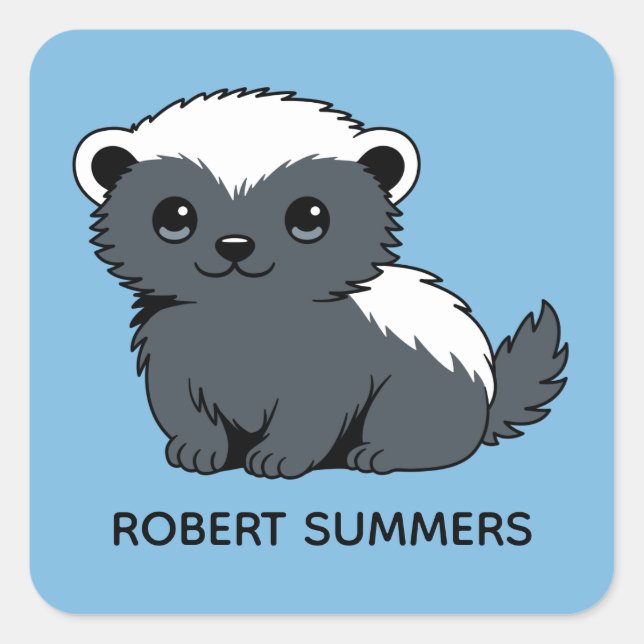 Cute Cartoon Honey Badger Custom Name Blue Square Sticker (Front)