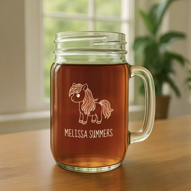 Cute Cartoon Horse Pony Custom Name Mason Jar W/ Handle (Creator Uploaded)