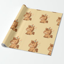 Cute Cartoon Horse with Party Hat Wrapping Paper