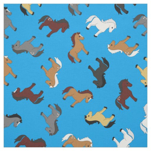 Cute Cartoon Horses Kids Blue Fabric