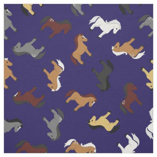 Cute Cartoon Horses Kids Dark Navy Blue Fabric