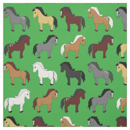 Cute Cartoon Horses Kids Green Fabric