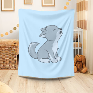 Cute Cartoon Howling Wolf Pup Blue Fleece Blanket