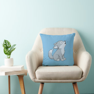 Cute Cartoon Howling Wolf Pup Blue Throw Pillow
