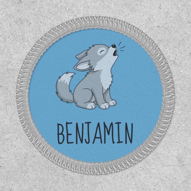 Cute Cartoon Howling Wolf Pup Custom Name Blue Patch (Front)