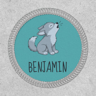 Cute Cartoon Howling Wolf Pup Custom Name Green Patch