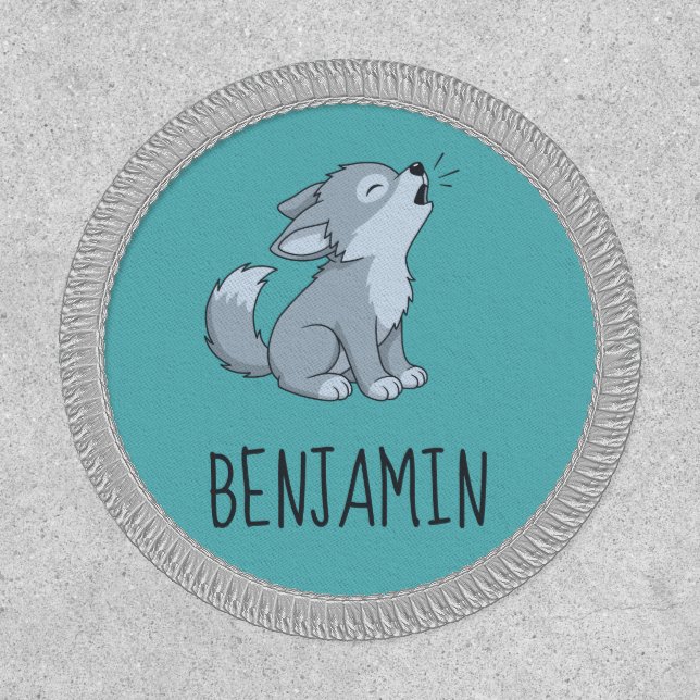Cute Cartoon Howling Wolf Pup Custom Name Green Patch (Front)