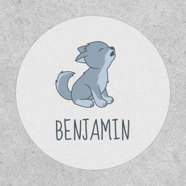 Cute Cartoon Howling Wolf Pup Custom Name Patch (Front)
