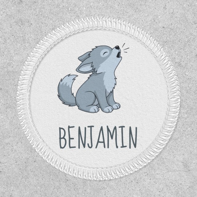 Cute Cartoon Howling Wolf Pup Custom Name Patch (Front)