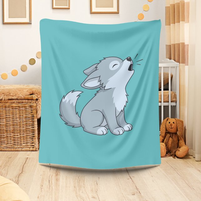 Cute Cartoon Howling Wolf Pup Green Fleece Blanket (Creator Uploaded)