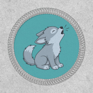 Cute Cartoon Howling Wolf Pup Green Patch
