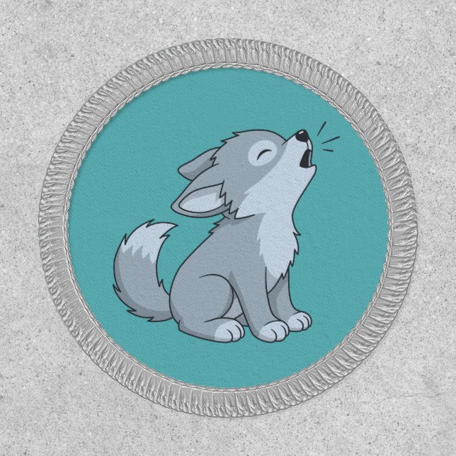 Cute Cartoon Howling Wolf Pup Green Patch (Front)