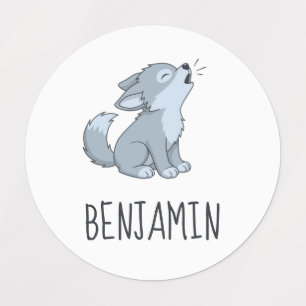 Cute Cartoon Howling Wolf Pup Kids' Labels