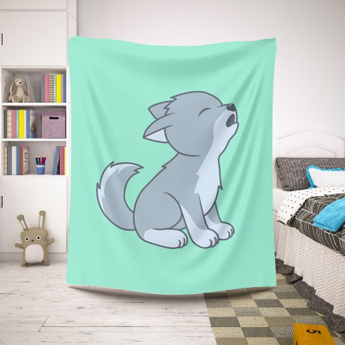 Cute Cartoon Howling Wolf Pup Sherpa Blanket