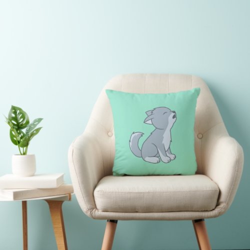 Cute Cartoon Howling Wolf Pup Throw Pillow