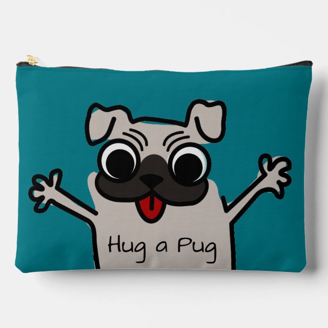 Cute Cartoon Hug a Pug Teal Accessory Pouch (Front)