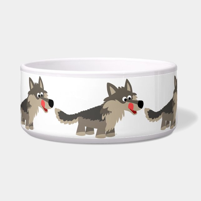 Cute Cartoon Hungry Wolf Dog Bowl (Front)