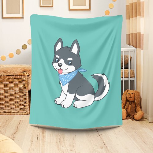Cute Cartoon Husky Puppy Dog Green Fleece Blanket