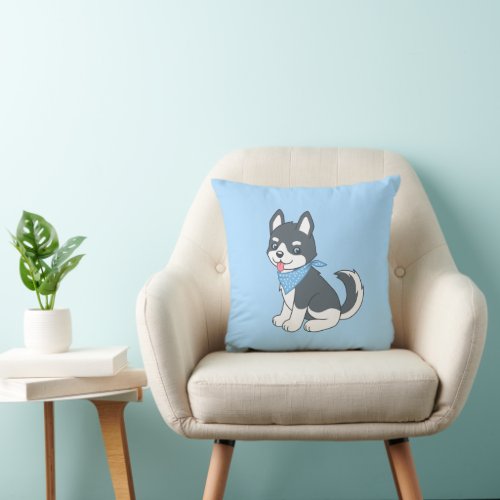 Cute Cartoon Husky Puppy Dog on Blue Throw Pillow