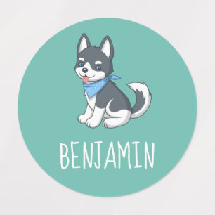 Cute Cartoon Husky Puppy Dog on Green Kids' Labels